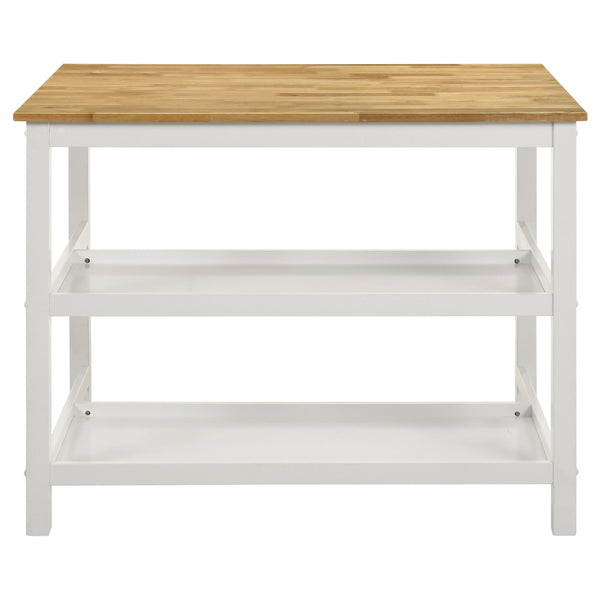 English Elm Cowichan Farmhouse Kitchen Island with Butcher Block Top Open Shelves and Pot Rack B062S01487