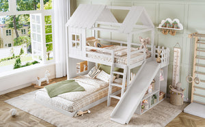 English Elm Twin Over Full Playhouse Bunk Bed with Slide Ladder Storage Shelves and Wardrobe Light White W5305S00039