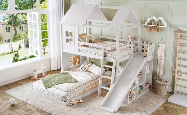 English Elm Twin Over Full Playhouse Bunk Bed with Slide Ladder Storage Shelves and Wardrobe Light White W5305S00039