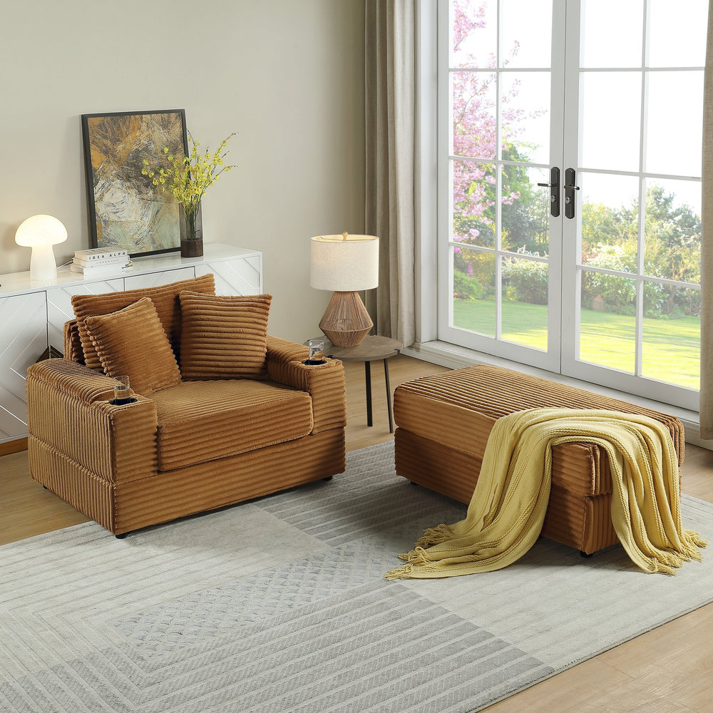 English Elm sofa Oversized Corduroy Deep-Seat Chaise with Ottoman and Lumbar Support — Plush, Sturdy Comfort Brown W1420S00011