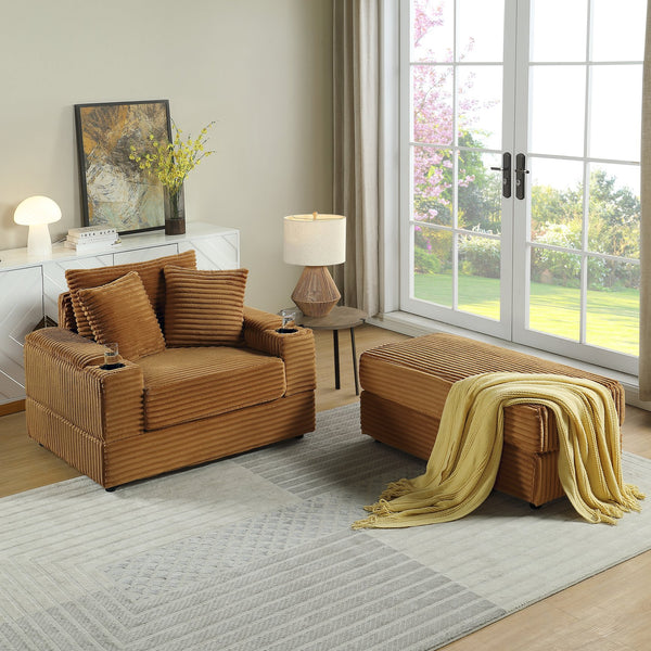English Elm sofa Oversized Corduroy Deep-Seat Chaise with Ottoman and Lumbar Support — Plush, Sturdy Comfort Brown W1420S00011