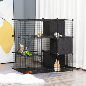 English Elm PawHut Modular Small Animal Playpen 56-Panel Metal Cage with Ramps, 3 Doors & Storage Shelf W2225P200757