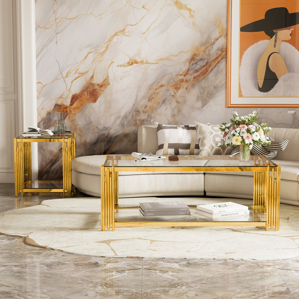 English Elm Modern Glam Rectangular Coffee Table with Mirrored Top Gold Sculptural Frame Open Shelf Transparent N735P380101K