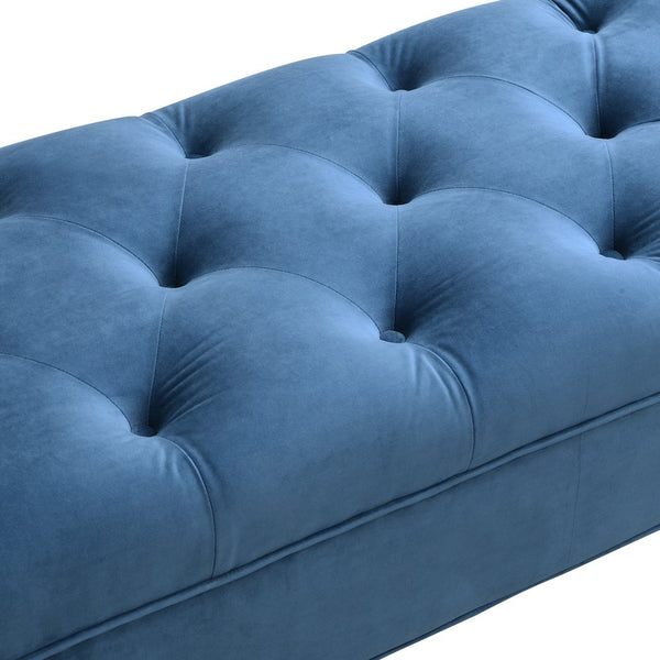 English Elm Upholstered Velvet Tufted Bench with Bolster Pillows Solid Oak Legs Bedroom Entryway Blue N761P304407C