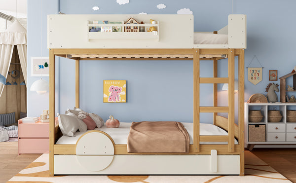 English Elm Queen Bunk Bed with Trundle Solid Pine Kids Car Themed Frame Built-in Bookshelf Natural+Beige W1580S00449