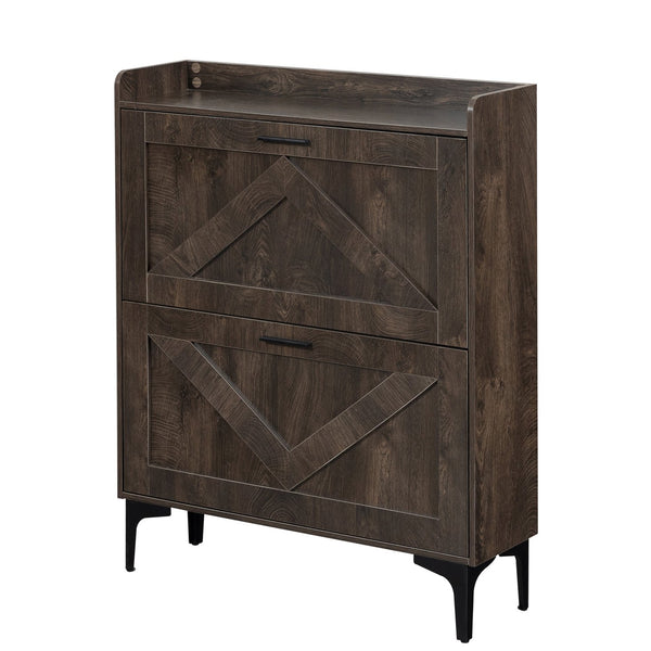English Elm Shoe Cabinet with 2 Flip Drawers and Open Shelves, Slim Rustic Brown Entryway Organizer, Space-Saving Wood Storage W679P154753