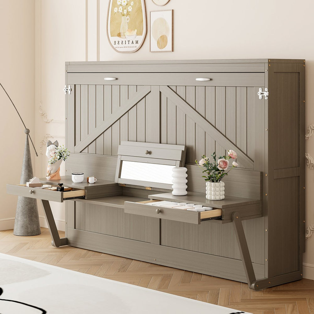 English Elm Queen Murphy Bed Cabinet with Vanity Desk Hydraulic Lift Mirror Distressed Finish Gray LP000766AAE-1