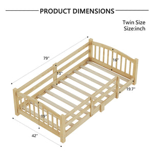 English Elm Twin Montessori Floor Bed Solid Pine Frame with Safety Guardrails for Kids Bedroom Natural N733P400298N