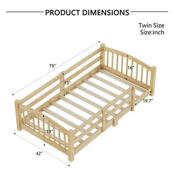 English Elm Twin Montessori Floor Bed Solid Pine Frame with Safety Guardrails for Kids Bedroom Natural N733P400298N