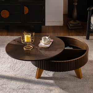 English Elm 31.5" Round Mid-century Coffee Table with Lower Shelf Solid Wood Legs and Mdf Top Brown W757P370297