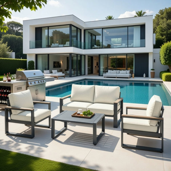 English Elm All-weather Aluminum Patio Conversation Set with Deep Cushions and Tempered Glass Table Beige+Grey B082S00117