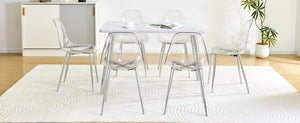 English Elm Table and Chair Set Marble Glass Top Six Ghost Seats Silver Legs Modern Dining W1151S04644