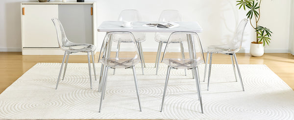 English Elm Table and Chair Set Marble Glass Top Six Ghost Seats Silver Legs Modern Dining W1151S04644