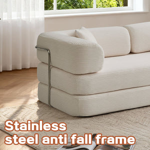 English Elm Floor Floor Couch Convertible 5-in-1 Corduroy Sofa Bed with Pillow-to-Blanket, Reinforced Frame Cream W3565P354961