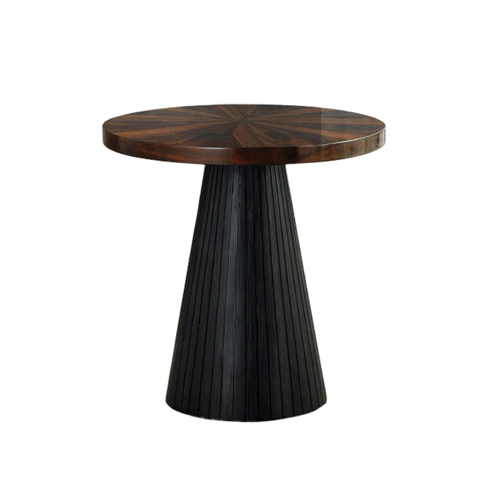 English Elm Contemporary End Table With Parquet Pattern Top & Matte Black Drum Base - Modern Living Room Accent B2741S00625
