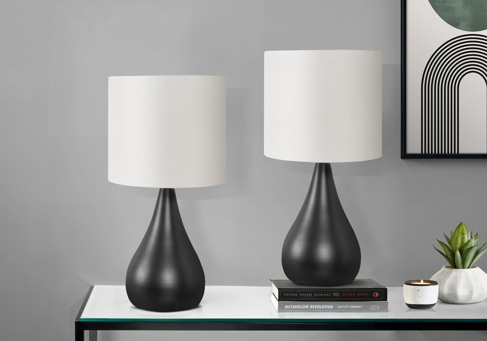 English Elm Lighting, Set of 2 Sculptural Teardrop Black Metal Base Ivory Linen Shade Bedside Lamps B2710P220102