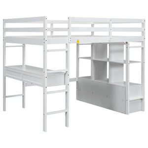 English Elm Full Loft Bed with Built-in Desk, 4 Drawers, 6 Shelves, Pine/MDF White — Space-Saving Study Loft SM000320AAK