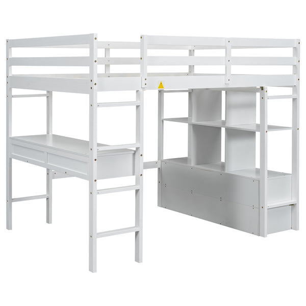 English Elm Full Loft Bed with Built-in Desk, 4 Drawers, 6 Shelves, Pine/MDF White — Space-Saving Study Loft SM000320AAK