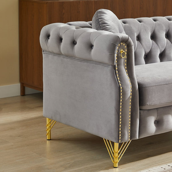 English Elm Velvet Chesterfield Tufted Sofa with Copper Stud Trim and Gold Legs for Glam Living Grey W834S00624