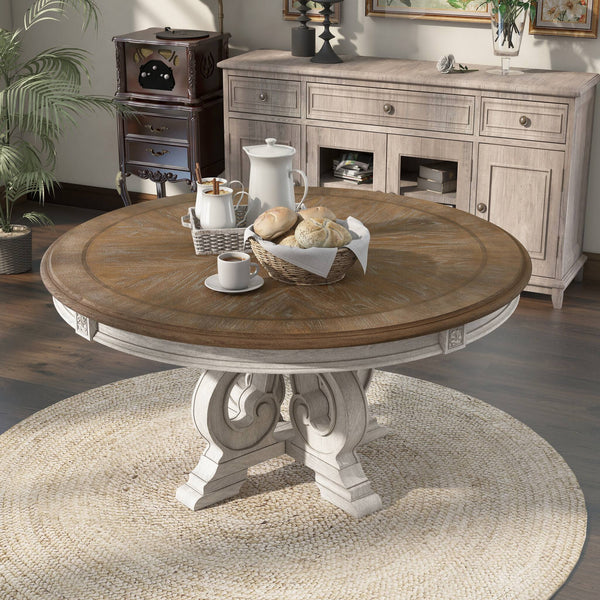 English Elm Dining Table 60 Inch Round Solid Wood Pedestal with Hand Carved Skirt and Inlay Antique White B2741P474004
