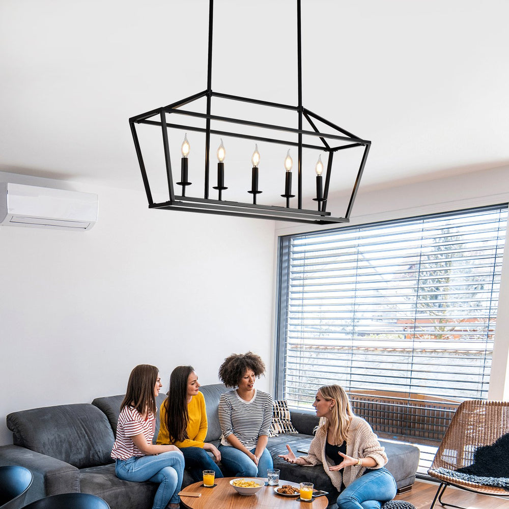English Elm 5-light Industrial Farmhouse Chandelier Matte Black Metal Linear Pendant for Kitchen Island W5008P465021