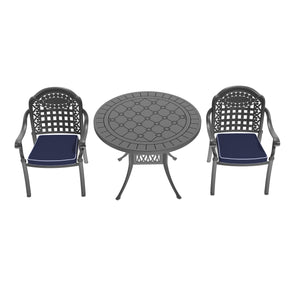 English Elm 3-Piece Elegant Cast Aluminum Patio Furniture Set With Cozy Blue Cushions For Outdoor Relaxation W1710S00069