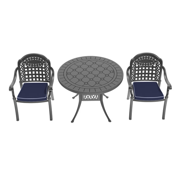 English Elm 3-Piece Elegant Cast Aluminum Patio Furniture Set With Cozy Blue Cushions For Outdoor Relaxation W1710S00069