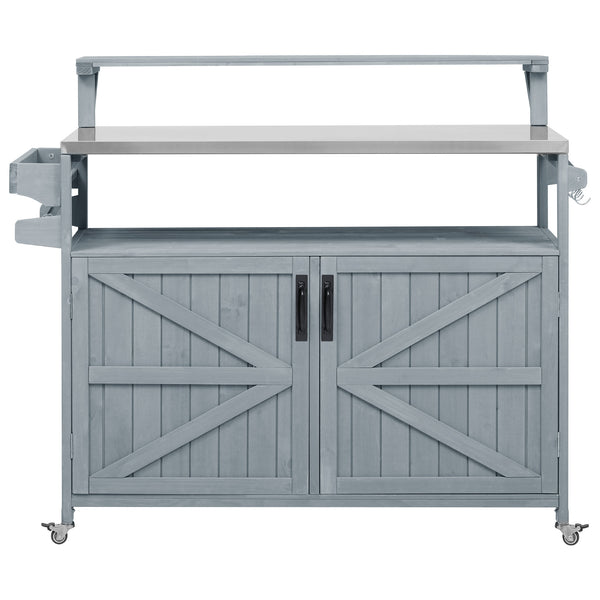 English Elm K&K 53.3" Outdoor Kitchen Island with 1.2" Stainless Top, Spacious Storage, Raised Shelf, Wheels Grey+Blue N707P250628G