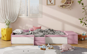 English Elm Twin Velvet Kids Daybed with Built-in Stairs Padded Guardrails and Gas Lift Storage Pink+White SF000201AAH