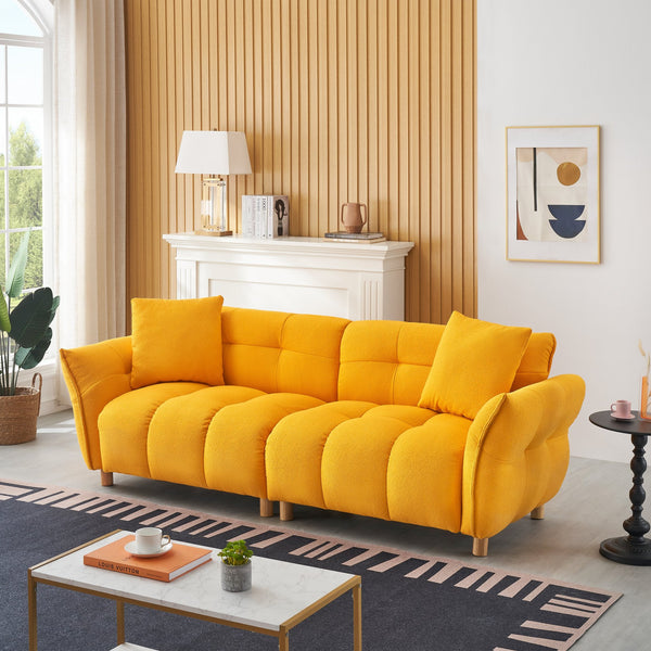 English Elm 93.70 Plush Teddy Sofa with Solid Wood Legs, 3-Seater Comfortable Sponge Cushions & Two Pillows Yellow W3356S00026