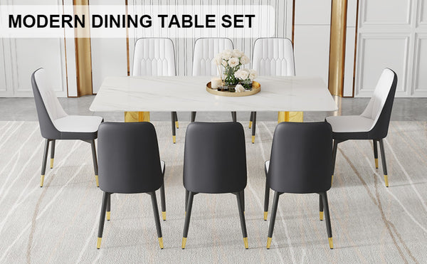English Elm Table With Glass Top And 8-Spliced Pu Dining Chairs Set - Modern Elegance For Any Dining Space W1151S04339-GIGA