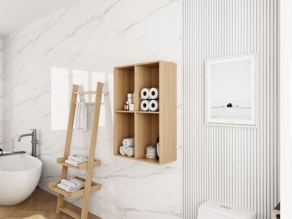 English Elm 24 Inch Wall Mounted Oak Shelving Unit Two Open Compartments for Bathroom or Study W1972P457946