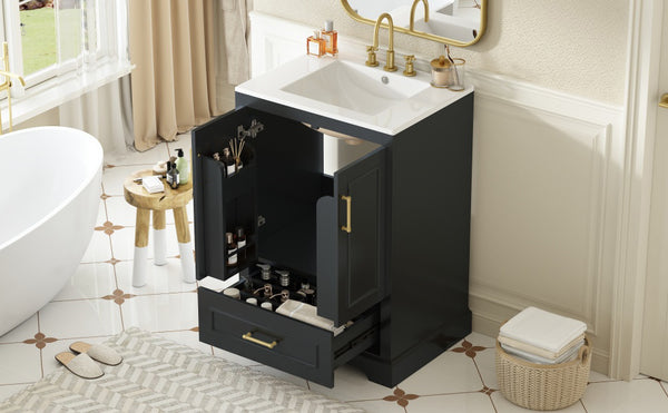 English Elm 24"Bathroom Modern Vanity with Ceramic Sink, Solid Wood Frame, Soft-Close Doors & Smart Storage System Black N729P321378B