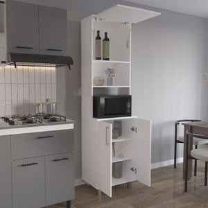 English Elm Bombona 80" High Double Cabinet Pantry with Six Shelves, Top Hutch Gas Spring Door, White MDF - Stylish Storage Solution B200S00414