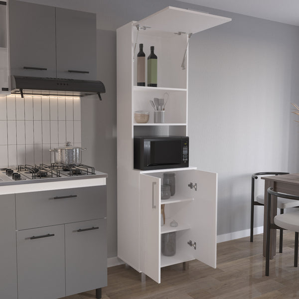 English Elm Bombona 80" High Double Cabinet Pantry with Six Shelves, Top Hutch Gas Spring Door, White MDF - Stylish Storage Solution B200S00414