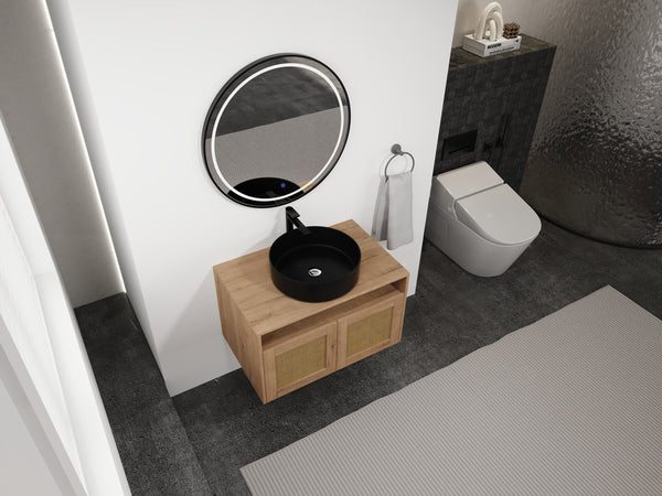 English Elm 30" Modern Wall-Mounted Bathroom Vanity With Black Ceramic Sink, Soft-Close Doors, Oak Finish W999S00398