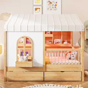 English Elm Full Size Kids House Bed with Led Bookshelf Storage Drawers and Charging Station Natural LP000378AAN
