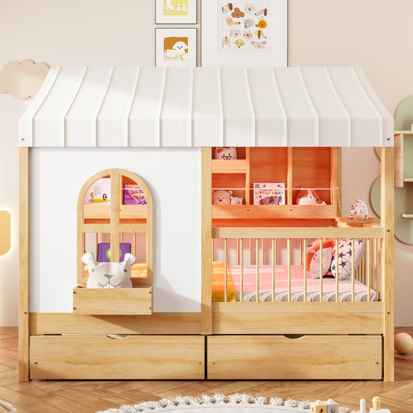 English Elm Full Size Kids House Bed with Led Bookshelf Storage Drawers and Charging Station Natural LP000378AAN