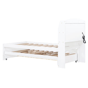 English Elm Twin LED Platform Bed with Trundle and Under-Storage Drawers, Flip-Up Headboard, USB Ports White N820S10008K