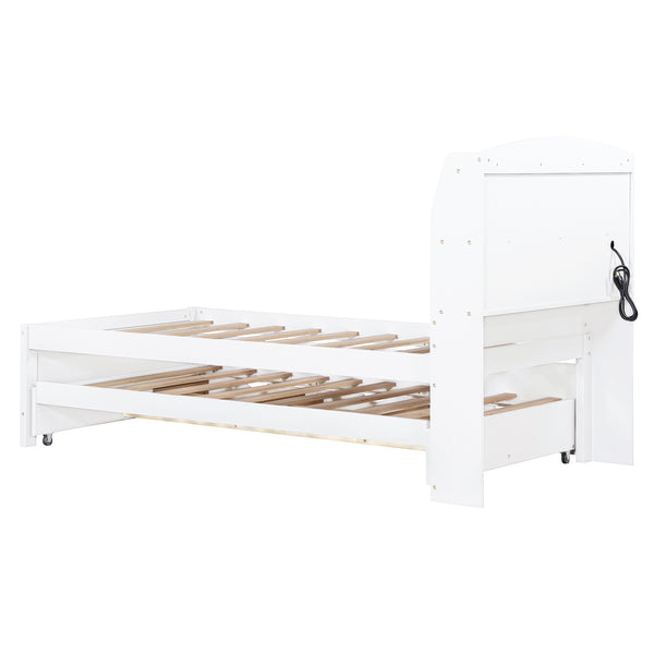 English Elm Twin LED Platform Bed with Trundle and Under-Storage Drawers, Flip-Up Headboard, USB Ports White N820S10008K