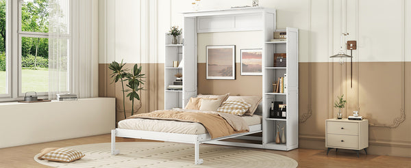 English Elm Full Size Murphy Wall Bed with Led Lighting Side Storage Cabinets and Slatted Support White LP000694AAK-1