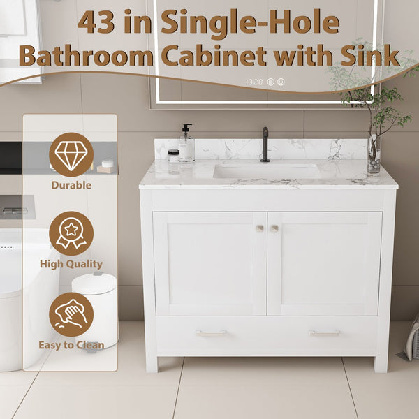 English Elm Modern 43" Bathroom Vanity With Carrara White Top - Stylish, Durable Storage & Soft-Close Features W509S00138