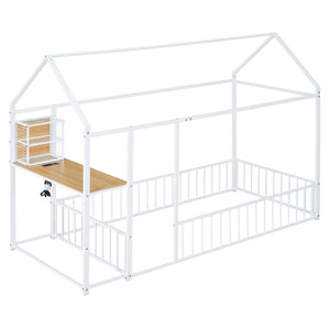 English Elm Twin House Bed Frame with Roof & Fence, Metal Twin Loft with Built-In Desk Shelves USB Outlets White N737P173490K