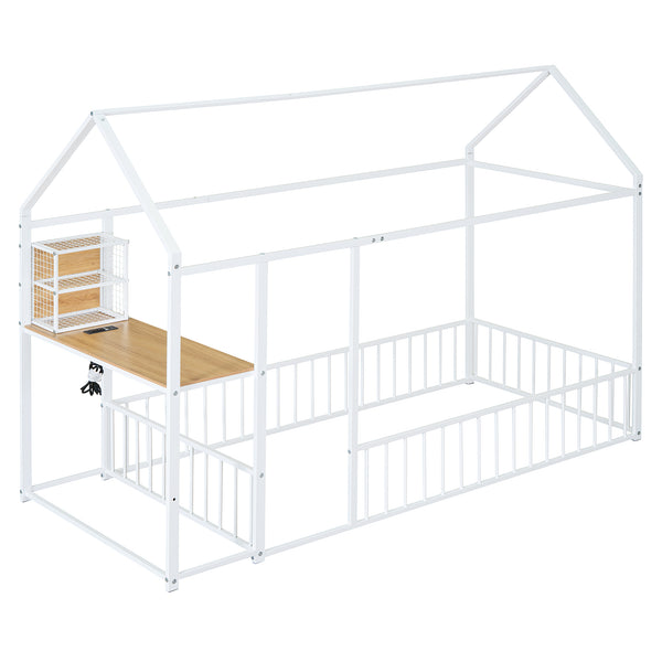 English Elm Twin House Bed Frame with Roof & Fence, Metal Twin Loft with Built-In Desk Shelves USB Outlets White N737P173490K