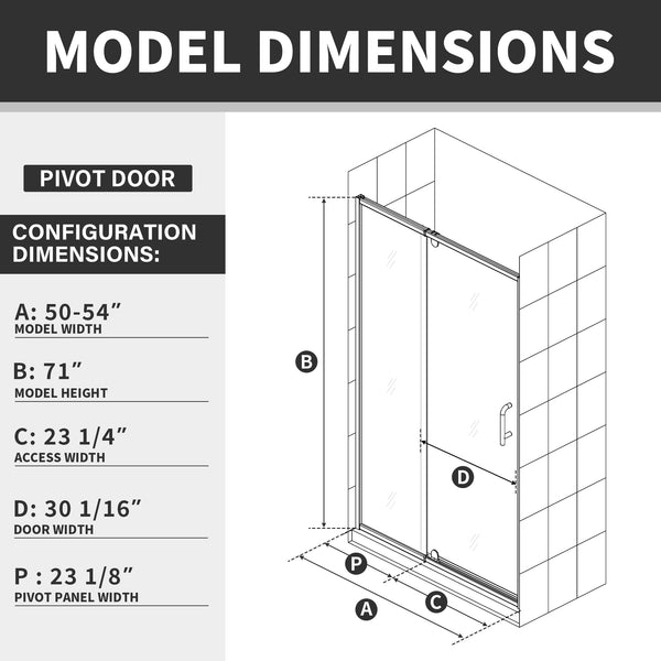 English Elm 54" Pivot Shower Door Clear Tempered Glass Chrome Hardware Reversible Alcove Fit W637P184674