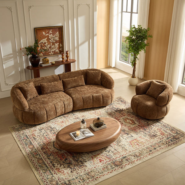English Elm 102.36 Inch Curved Boucle Sectional Sofa Four Seat Mid Century Modern Living Room Brown W2582S00205