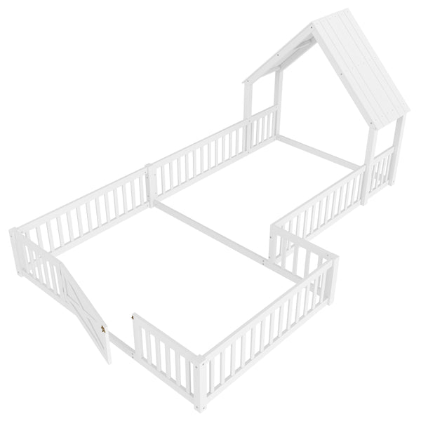 English Elm Full Full Size House Floor Bed with Door & Guardrails, Solid Wood Playful Design for Kids, Safe and Durable White W1580P327130