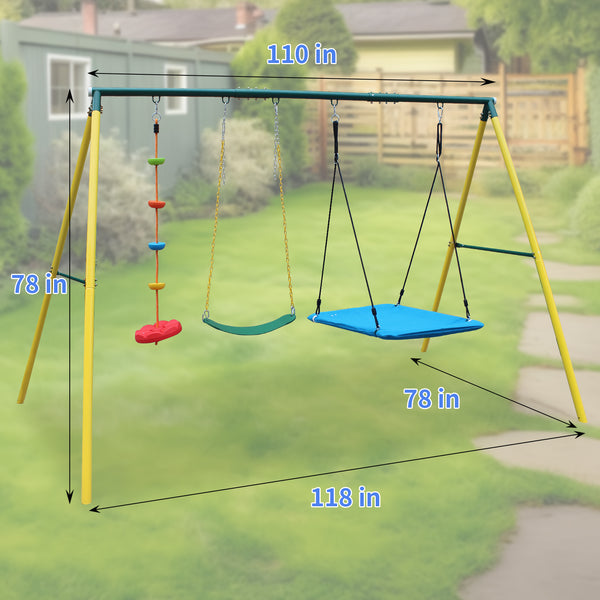 English Elm 3 in 1 Backyard Swing Set Steel A-frame with Belt Saucer and Climbing Rope W1408P169746
