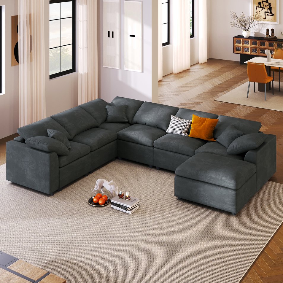 English Elm 124.8" Modular 7-seater L-shaped Sectional Plush Chenille Pine Frame Living Room N711P307955E