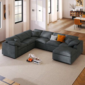 English Elm 124.8" Modular 7-seater L-shaped Sectional Plush Chenille Pine Frame Living Room N711P307955E